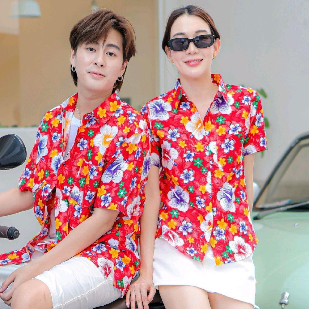 PINK010 เสื้อเชิ้ตลายดอก ผ้าคอตตอน100% สีไม่ตก ผ้าไม่หด ลายคมชัด มีไซส์หญิงชาย 34-54นิ้ว งานป้ายKTIER*1ตัว*