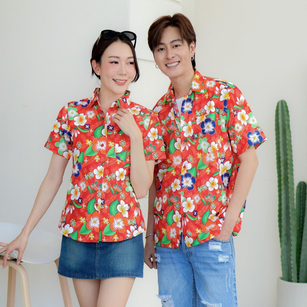 PINK01 เสื้อเชิ้ตลายดอก ผ้าคอตตอน100% สีไม่ตก ผ้าไม่หด ลายคมชัด มีไซส์หญิงชาย 34-56นิ้ว งานป้ายKTIER*1ตัว*