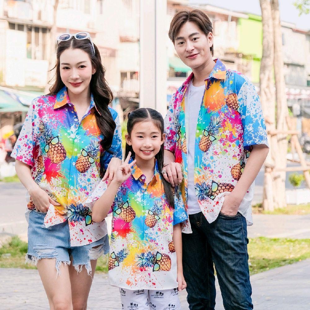 GQD01 เสื้อฮาวายลายใหม่2025 สาดสีสับปะรด ไซส์เด็ก-ผู้ใหญ่ ผ้าโพลีพรีเมี่ยม งานป้าย ลายคมชัด *1ตัว*