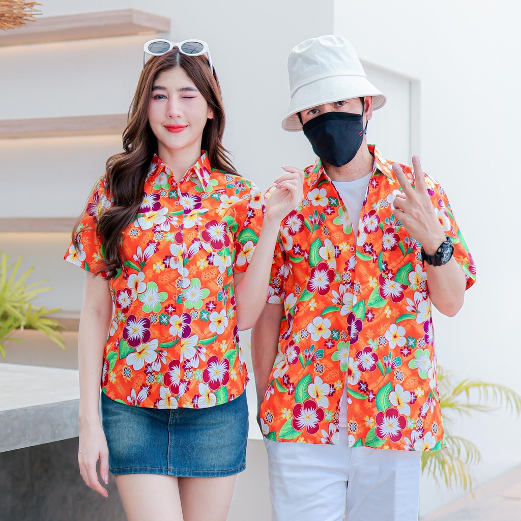 PINK01 เสื้อเชิ้ตลายดอก ผ้าคอตตอน100% สีไม่ตก ผ้าไม่หด ลายคมชัด มีไซส์หญิงชาย 34-56นิ้ว งานป้ายKTIER*1ตัว*