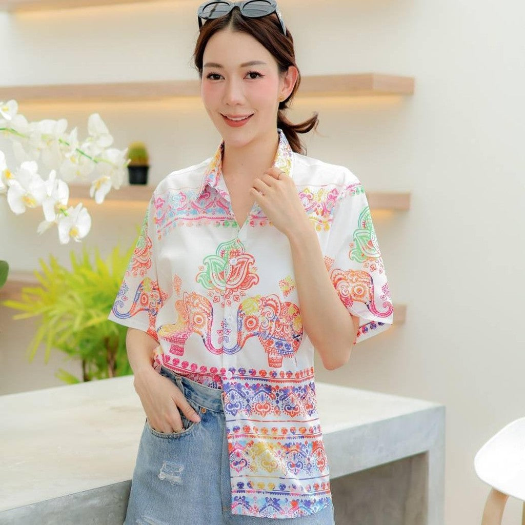 HD025เสื้อฮาวายลายใหม่2025 คลาสสิคThailandทรงวัยรุ่น หญิงชายใส่ได้ ผ้าโพลีพรีเมี่ยมไซส์38-56นิ้ว งานปัาย ลายคมชัด *1ตัว