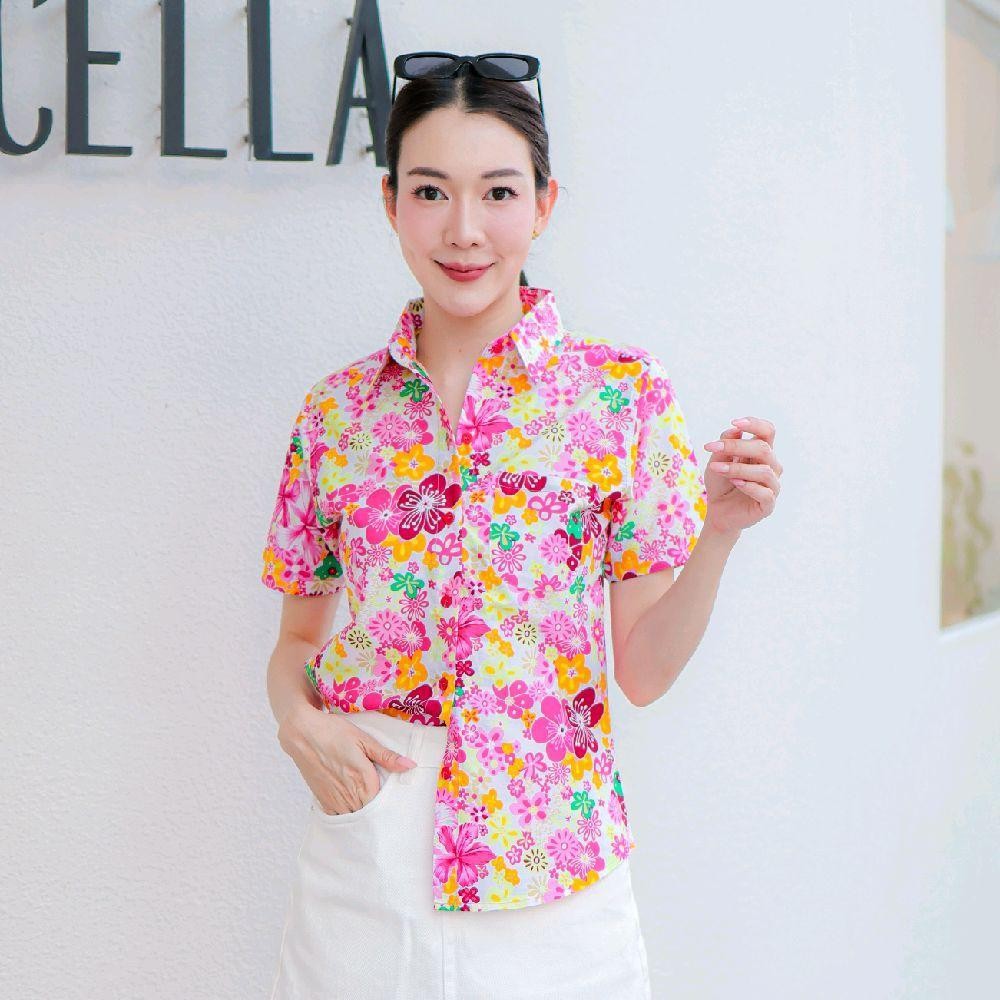 PINK015 เสื้อเชิ้ตลายดอก ผ้าคอตตอน100% สีไม่ตก ผ้าไม่หด ลายคมชัด มีไซส์หญิงชาย 34-56นิ้ว งานป้ายKTIER*1ตัว*