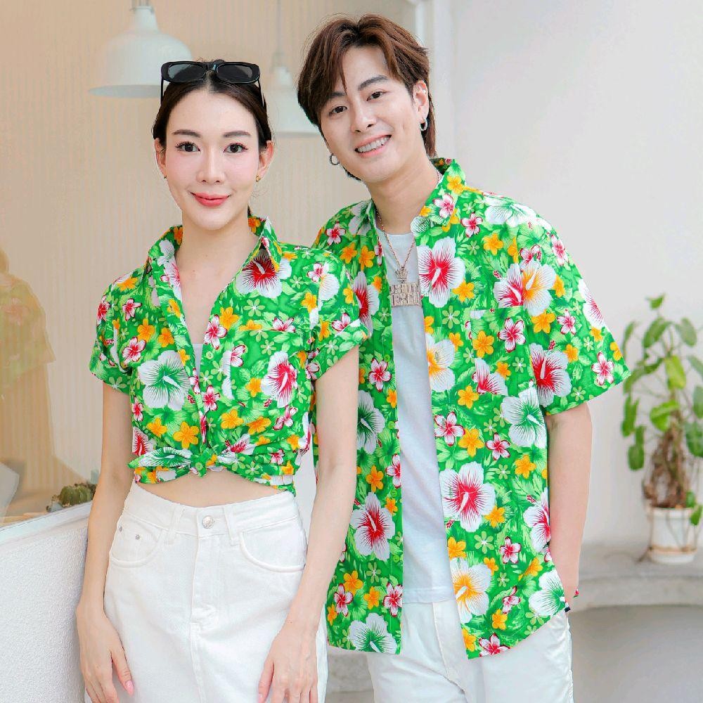 PINK010 เสื้อเชิ้ตลายดอก ผ้าคอตตอน100% สีไม่ตก ผ้าไม่หด ลายคมชัด มีไซส์หญิงชาย 34-54นิ้ว งานป้ายKTIER*1ตัว*