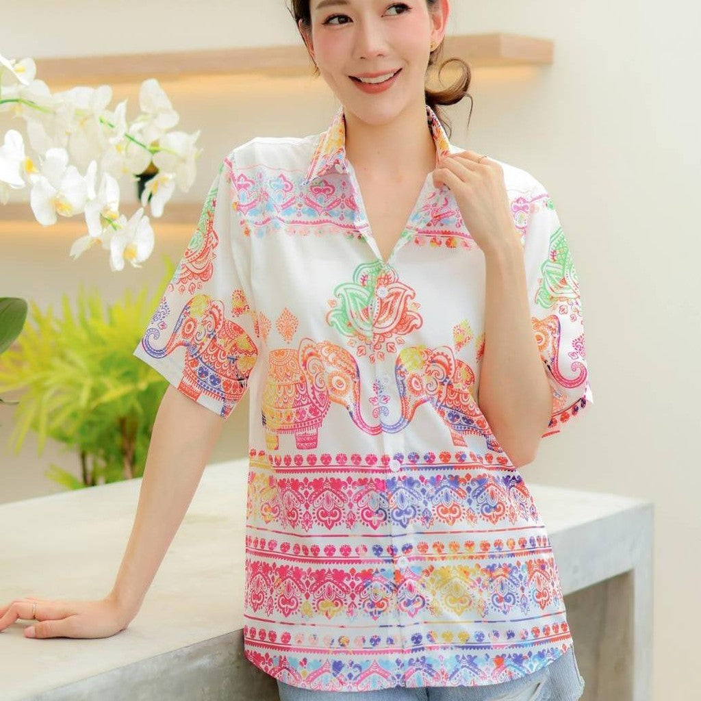 HD025เสื้อฮาวายลายใหม่2025 คลาสสิคThailandทรงวัยรุ่น หญิงชายใส่ได้ ผ้าโพลีพรีเมี่ยมไซส์38-56นิ้ว งานปัาย ลายคมชัด *1ตัว