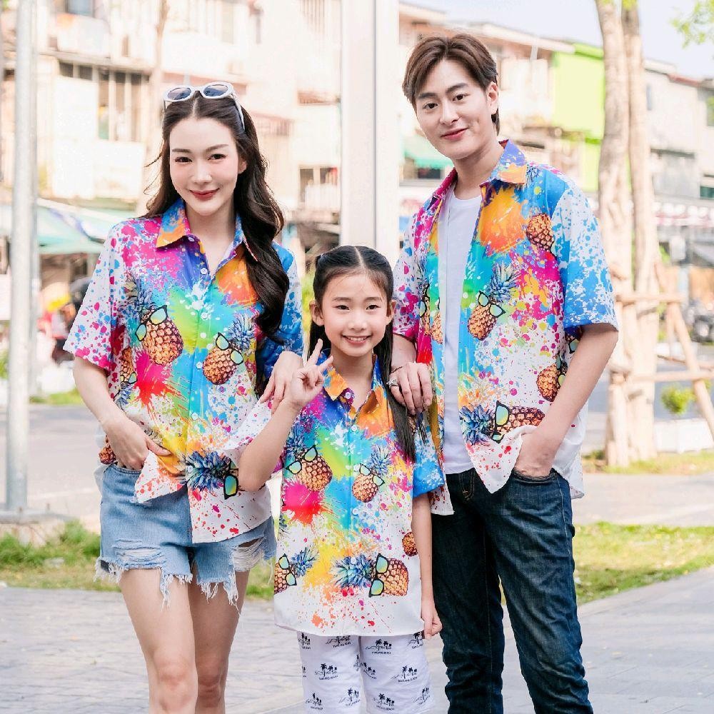 GQD01 เสื้อฮาวายลายใหม่2025 สาดสีสับปะรด ไซส์เด็ก-ผู้ใหญ่ ผ้าโพลีพรีเมี่ยม งานป้าย ลายคมชัด *1ตัว*