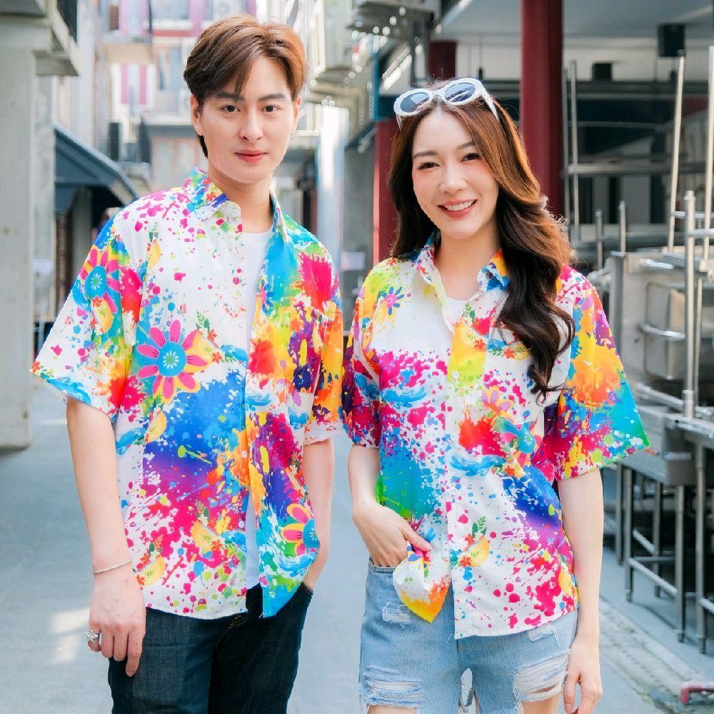 P021เสื้อฮาวายลายใหม่2025 สาดสีลายดอก ทรงวัยรุ่น หญิงชายใส่ได้ ผ้าโพลีพรีเมี่ยม ไซส์38-56นิ้ว งานปัายKTIERออกแบบเอง*1ตัว