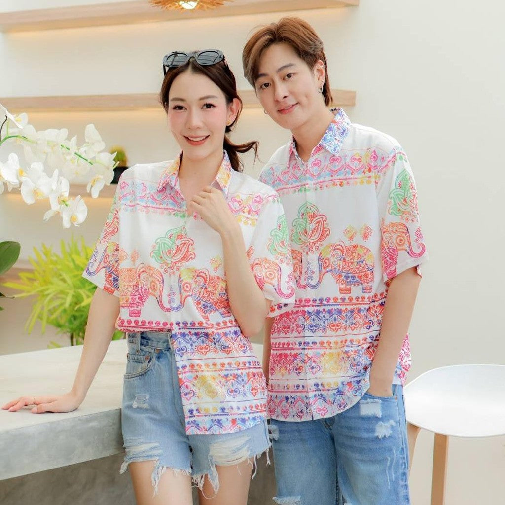 HD025เสื้อฮาวายลายใหม่2025 คลาสสิคThailandทรงวัยรุ่น หญิงชายใส่ได้ ผ้าโพลีพรีเมี่ยมไซส์38-56นิ้ว งานปัาย ลายคมชัด *1ตัว