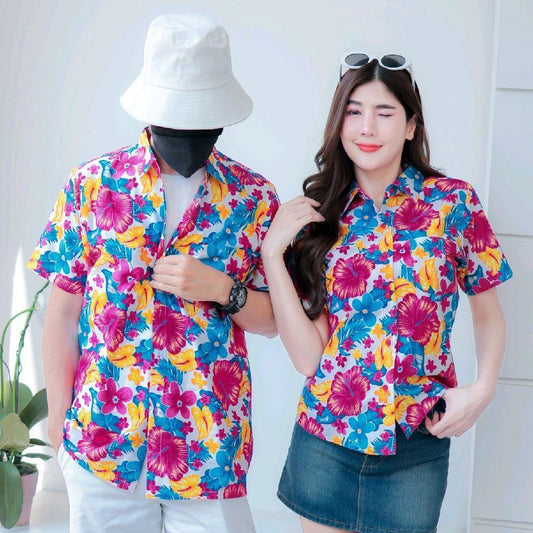 PINK05 เสื้อเชิ้ตลายดอก ผ้าคอตตอน100% สีไม่ตก ผ้าไม่หด ลายคมชัด มีไซส์หญิงชาย 34-56นิ้ว งานป้ายKTIER*1ตัว*