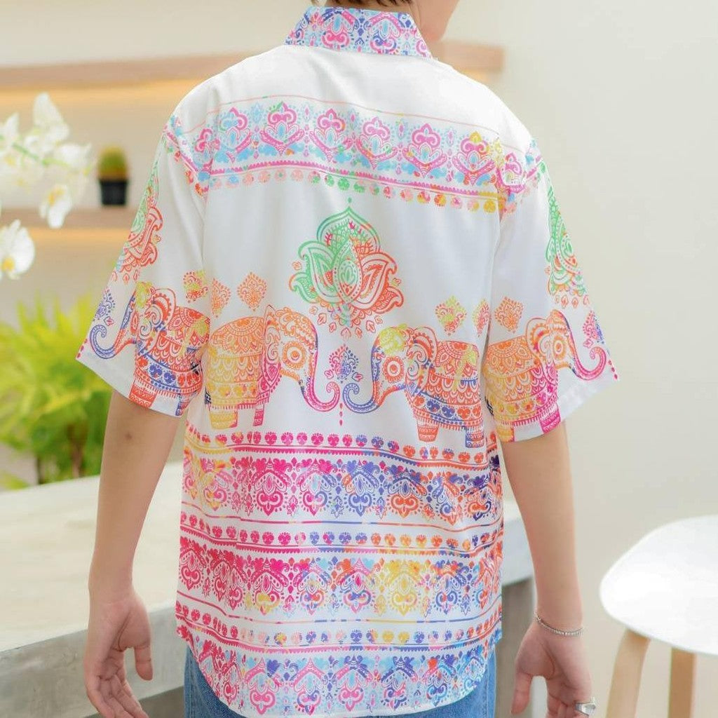 HD025เสื้อฮาวายลายใหม่2025 คลาสสิคThailandทรงวัยรุ่น หญิงชายใส่ได้ ผ้าโพลีพรีเมี่ยมไซส์38-56นิ้ว งานปัาย ลายคมชัด *1ตัว