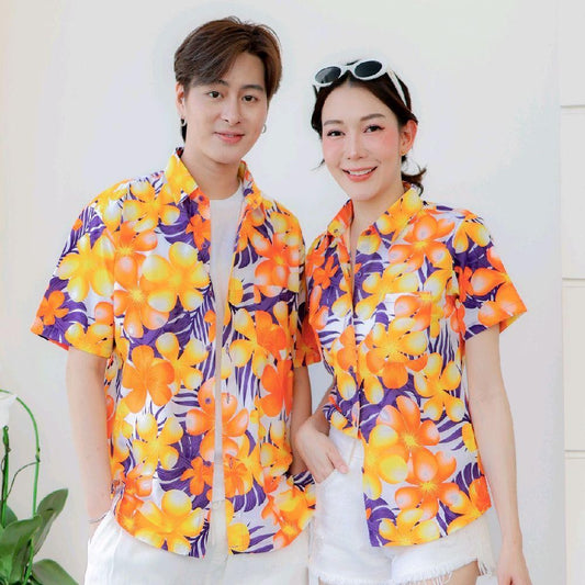 P07เสื้อเชิ้ตลายดอก ผ้าคอตตอน100% สีไม่ตก ผ้าไม่หด มีไซส์หญิงชาย งานป้ายKTIERออกแบบเอง*1ตัว*