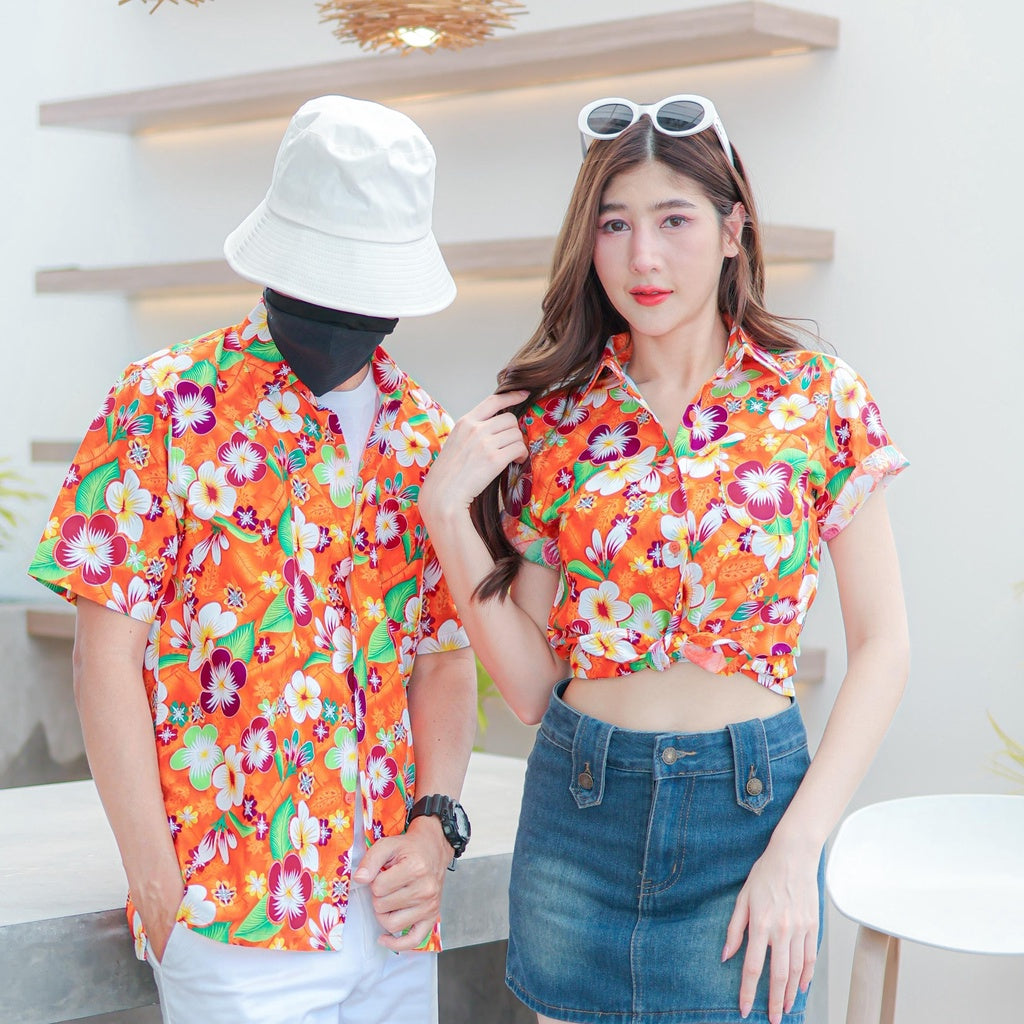 PINK01 เสื้อเชิ้ตลายดอก ผ้าคอตตอน100% สีไม่ตก ผ้าไม่หด ลายคมชัด มีไซส์หญิงชาย 34-56นิ้ว งานป้ายKTIER*1ตัว*