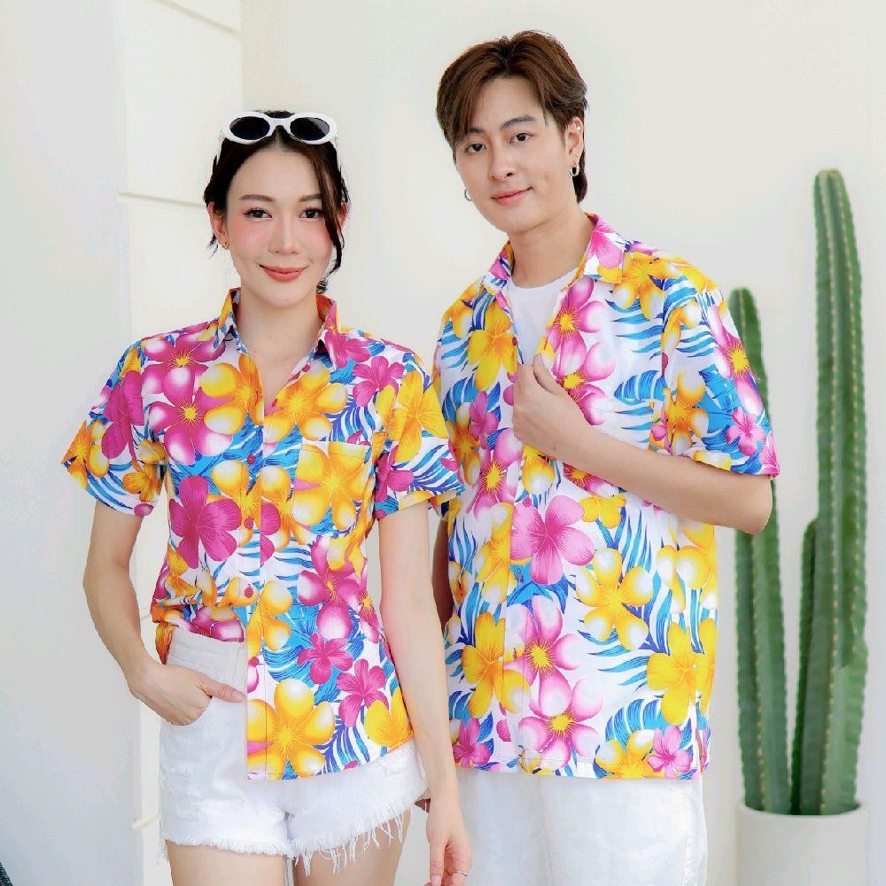 P07เสื้อเชิ้ตลายดอก ผ้าคอตตอน100% สีไม่ตก ผ้าไม่หด มีไซส์หญิงชาย งานป้ายKTIERออกแบบเอง*1ตัว*