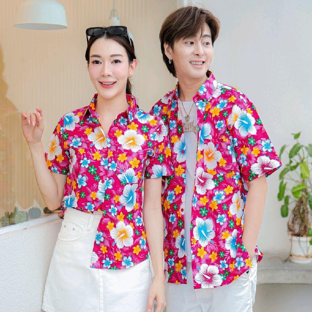 PINK010 เสื้อเชิ้ตลายดอก ผ้าคอตตอน100% สีไม่ตก ผ้าไม่หด ลายคมชัด มีไซส์หญิงชาย 34-54นิ้ว งานป้ายKTIER*1ตัว*