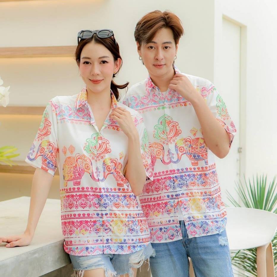 HD025เสื้อฮาวายลายใหม่2025 คลาสสิคThailandทรงวัยรุ่น หญิงชายใส่ได้ ผ้าโพลีพรีเมี่ยมไซส์38-56นิ้ว งานปัาย ลายคมชัด *1ตัว