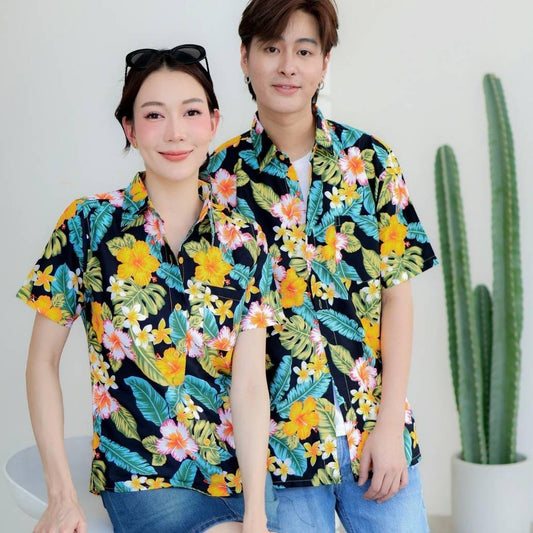 Pink09 เสื้อเชิ้ตลายดอก ผ้าคอตตอน100% สีไม่ตก ผ้าไม่หด ลายคมชัด มีไซส์หญิงชาย 34-56นิ้ว งานป้ายKTIERออกแบบเอง*1ตัว*