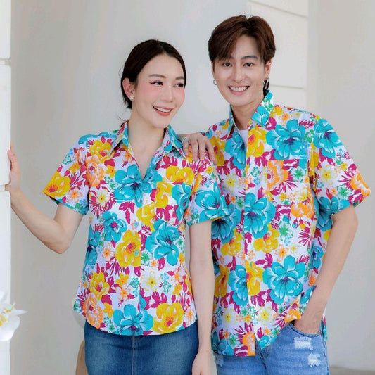 Pink011 เสื้อเชิ้ตลายดอก ผ้าคอตตอน100% สีไม่ตก ผ้าไม่หด ลายคมชัด มีไซส์หญิงชาย 34-56นิ้ว งานป้ายKTIER*1ตัว*