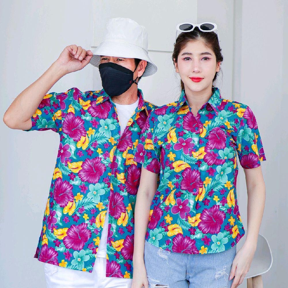 PINK012 เสื้อเชิ้ตลายดอก ผ้าคอตตอน100% สีไม่ตก ผ้าไม่หด ลายคมชัด มีไซส์หญิงชาย 34-56นิ้ว งานป้ายKTIER*1ตัว*