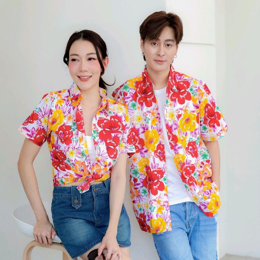 Pink011 เสื้อเชิ้ตลายดอก ผ้าคอตตอน100% สีไม่ตก ผ้าไม่หด ลายคมชัด มีไซส์หญิงชาย 34-56นิ้ว งานป้ายKTIER*1ตัว*