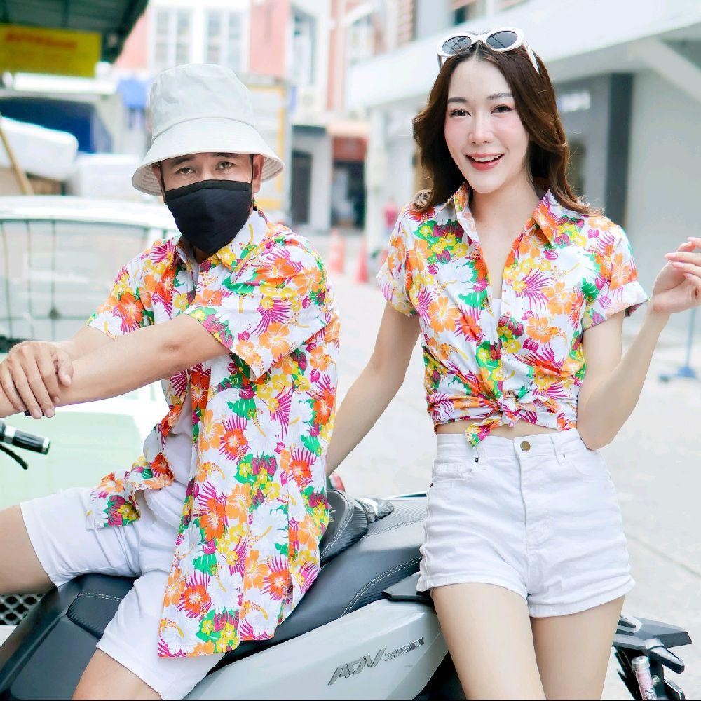 PINK026เสื้อเชิ้ตลายดอก ผ้าคอตตอน100% สีไม่ตก ผ้าไม่หด ไซส์หญิงชาย S-5XL งานป้ายKTIER**1ตัว**