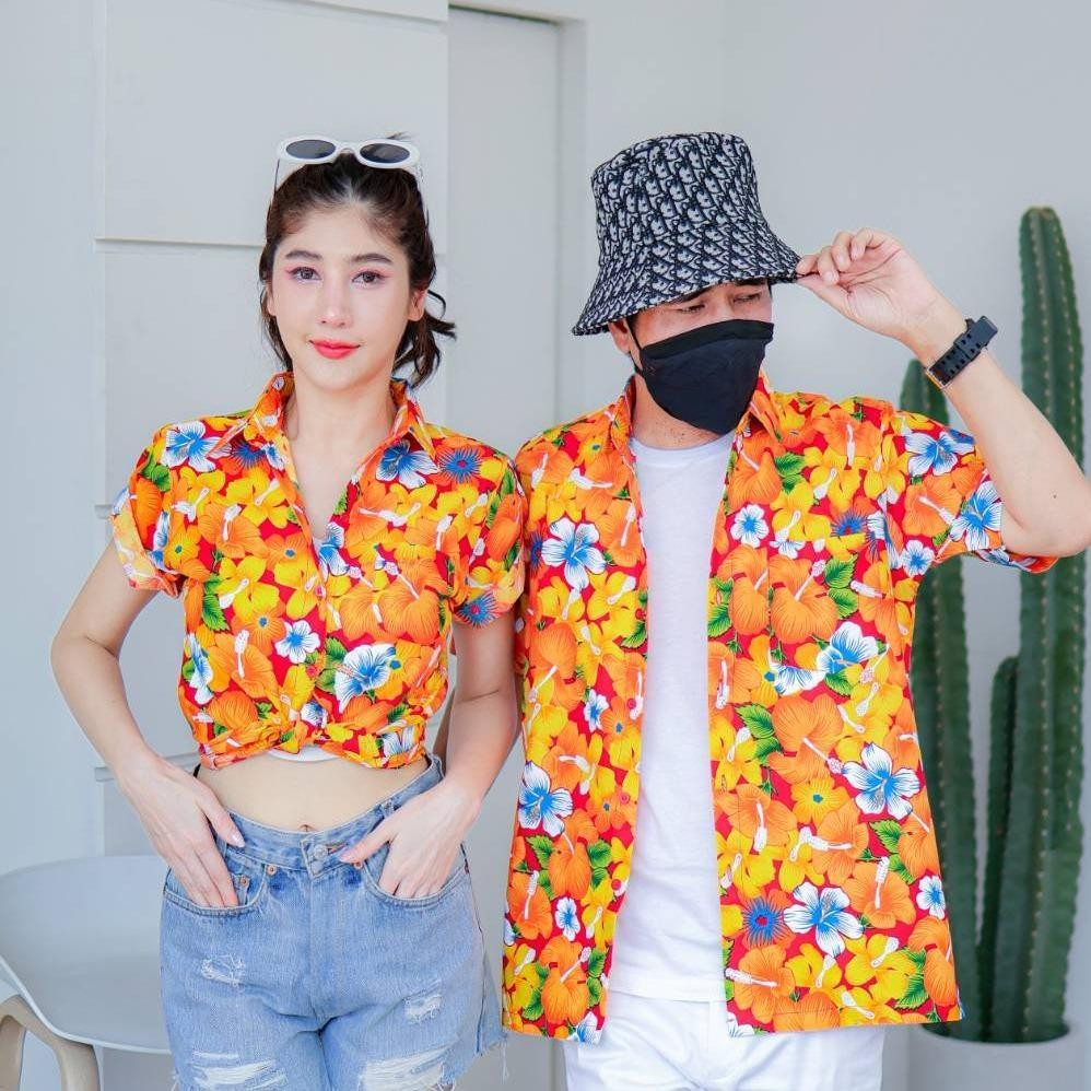 PINK016 เสื้อเชิ้ตลายดอก ผ้าคอตตอน100% สีไม่ตก ผ้าไม่หด ลายคมชัด มีไซส์หญิงชาย S-5XL งานป้ายKTIER*1ตัว*