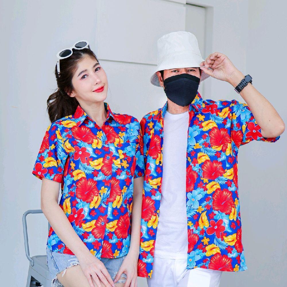 PINK012 เสื้อเชิ้ตลายดอก ผ้าคอตตอน100% สีไม่ตก ผ้าไม่หด ลายคมชัด มีไซส์หญิงชาย 34-56นิ้ว งานป้ายKTIER*1ตัว*