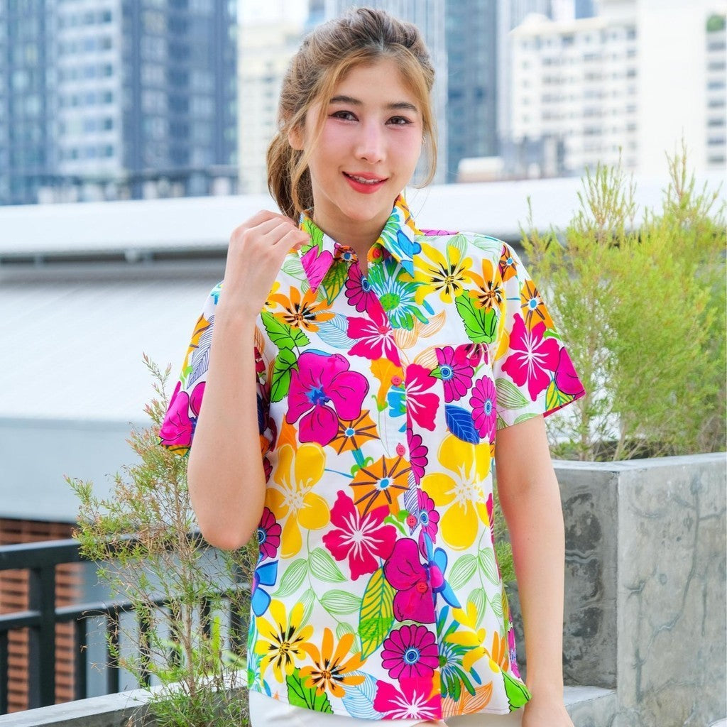 06(ครบทีม)เสื้อสงกรานต์ลายดอก ผ้าคอตตอน100 ครบไซส์ครอบครัว
