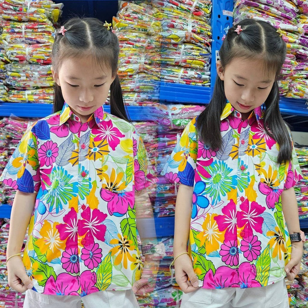 06(ครบทีม)เสื้อสงกรานต์ลายดอก ผ้าคอตตอน100 ครบไซส์ครอบครัว