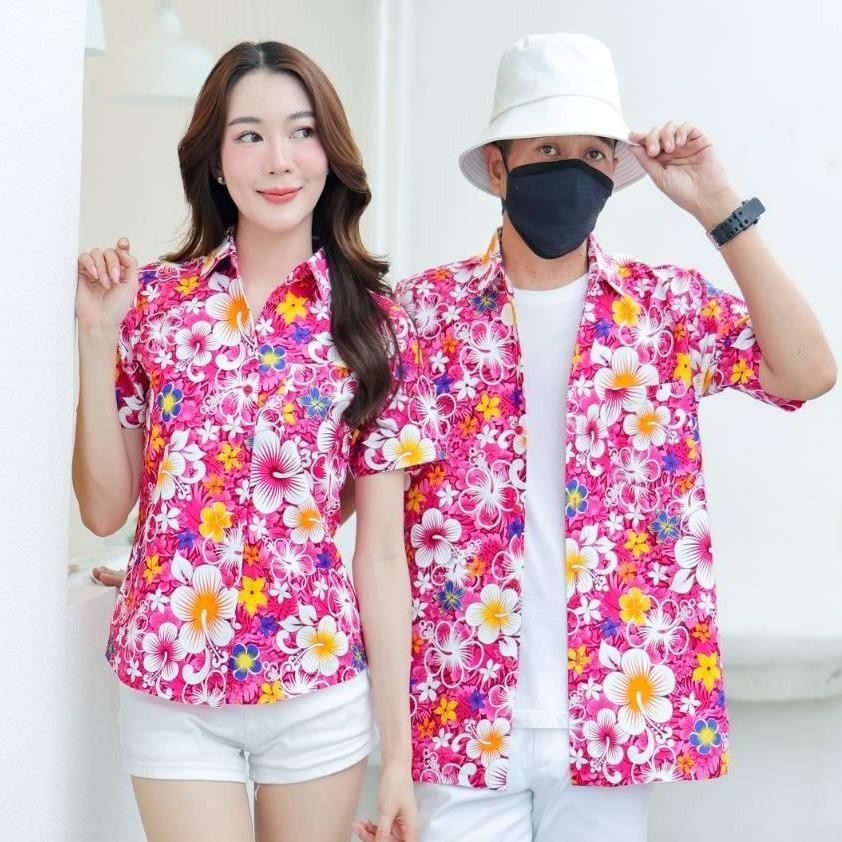 PING020เสื้อเชิ้ตลายดอกผ้าคอตตอน100% สีไม่ตก ผ้าไม่หด ลายคมชัด ไซส์หญิงชาย S-5XL งานป้าย**1ตัว**