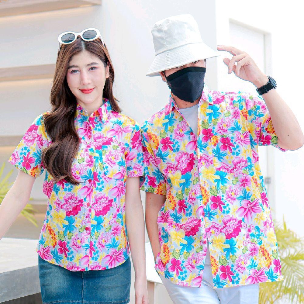 PINK013 เสื้อเชิ้ตลายดอก ผ้าคอตตอน100% สีไม่ตก ผ้าไม่หด ลายคมชัด มีไซส์หญิงชาย S-5XL งานป้าย KTIER*1ตัว*