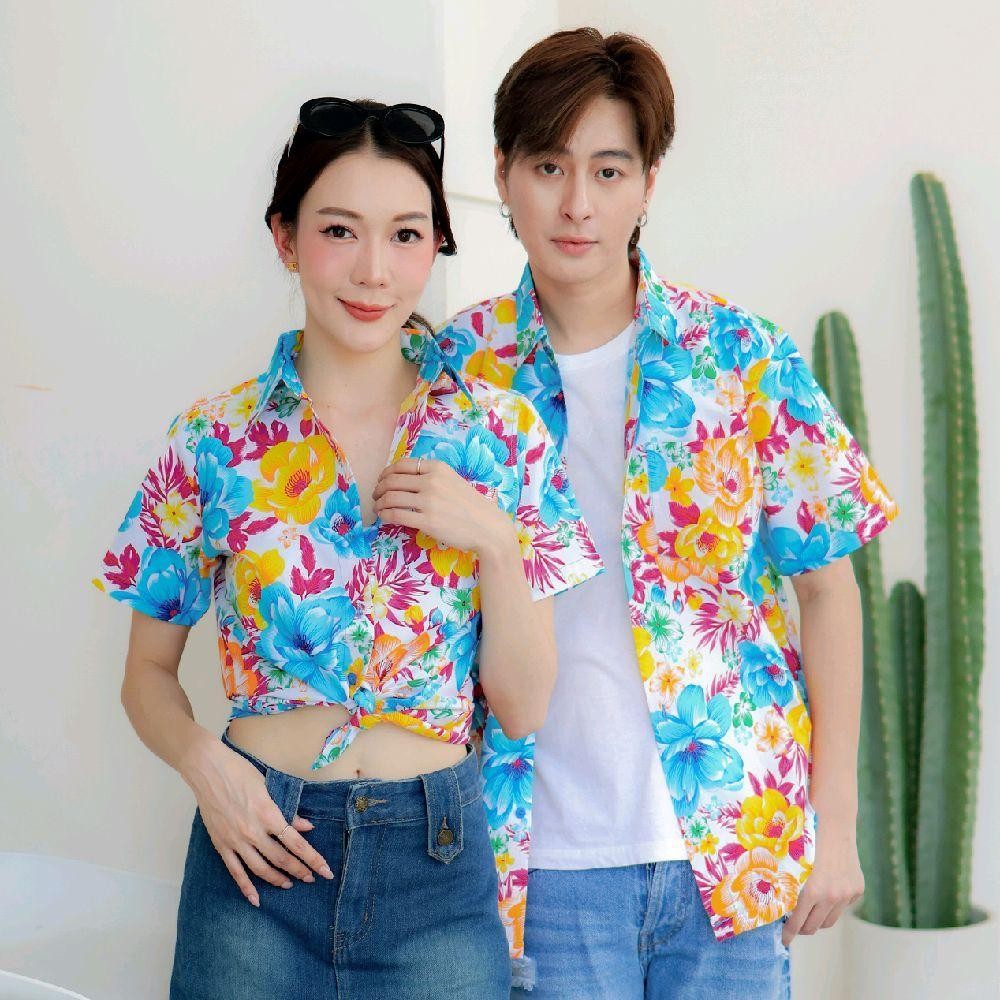 Pink011 เสื้อเชิ้ตลายดอก ผ้าคอตตอน100% สีไม่ตก ผ้าไม่หด ลายคมชัด มีไซส์หญิงชาย 34-56นิ้ว งานป้ายKTIER*1ตัว*