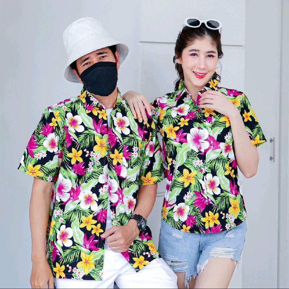 Pink04 เสื้อเชิ้ตลายดอก ผ้าคอตตอน100% สีไม่ตก ผ้าไม่หด ลายคมชัด มีไซส์หญิงชาย 34-54นิ้ว งานป้ายKTIER*1ตัว*