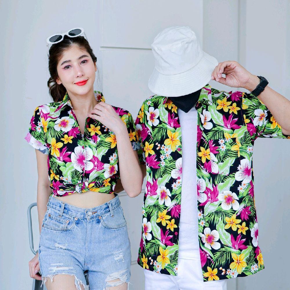 Pink04 เสื้อเชิ้ตลายดอก ผ้าคอตตอน100% สีไม่ตก ผ้าไม่หด ลายคมชัด มีไซส์หญิงชาย 34-54นิ้ว งานป้ายKTIER*1ตัว*