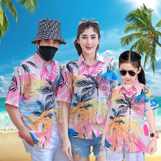 PINK3133 เสื้อฮาวาย สีสันสดใส ลายคมชัด ผ้าโพลีพรีเมี่ยม ไซส์เด็ก-ผู้ใหญ่8XL งานป้าย**1ตัว**