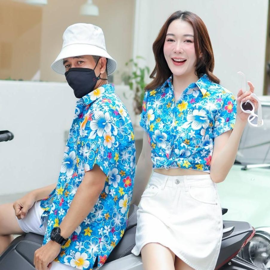PING020เสื้อเชิ้ตลายดอกผ้าคอตตอน100% สีไม่ตก ผ้าไม่หด ลายคมชัด ไซส์หญิงชาย S-5XL งานป้าย**1ตัว**