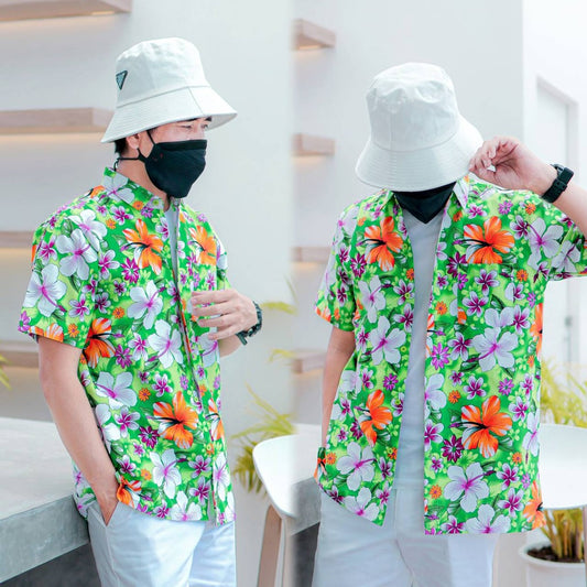 PINKเสื้อเชิ้ตลายดอกผู้ชาย ทรงตรง ผ้าคอตตอน100% สีไม่ตก ผ้าไม่หด ลายคมชัด งานป้าย