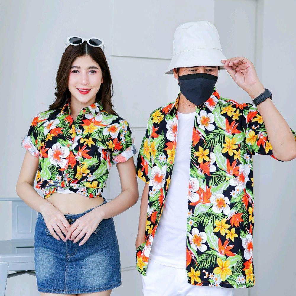 Pink04 เสื้อเชิ้ตลายดอก ผ้าคอตตอน100% สีไม่ตก ผ้าไม่หด ลายคมชัด มีไซส์หญิงชาย 34-54นิ้ว งานป้ายKTIER*1ตัว*