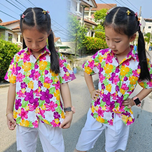 K021เสื้อสงกรานต์เด็กลายดอก ผ้าคอตตอน100% ลายคมชัดสีไม่ตก