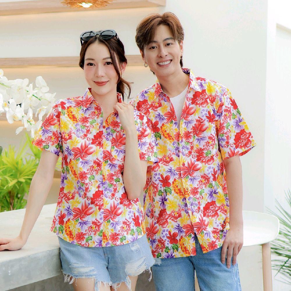 PINK013 เสื้อเชิ้ตลายดอก ผ้าคอตตอน100% สีไม่ตก ผ้าไม่หด ลายคมชัด มีไซส์หญิงชาย S-5XL งานป้าย KTIER*1ตัว*