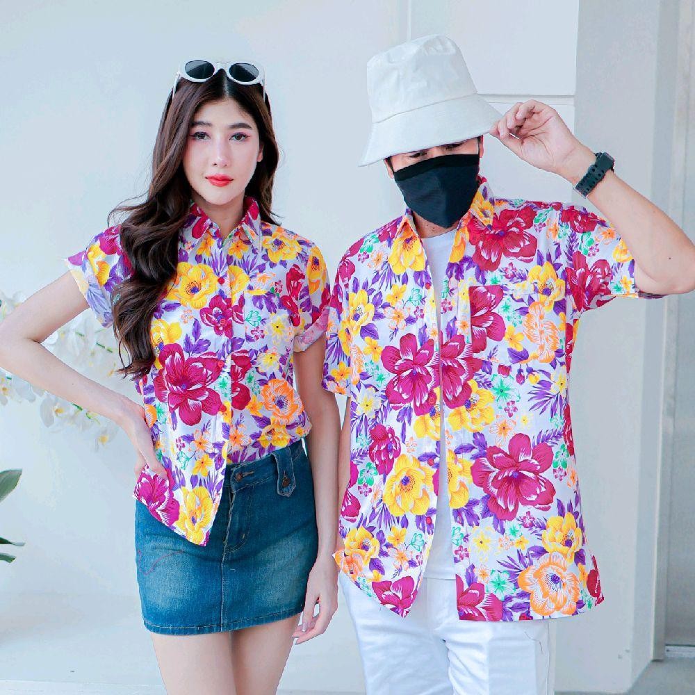 Pink011 เสื้อเชิ้ตลายดอก ผ้าคอตตอน100% สีไม่ตก ผ้าไม่หด ลายคมชัด มีไซส์หญิงชาย 34-56นิ้ว งานป้ายKTIER*1ตัว*