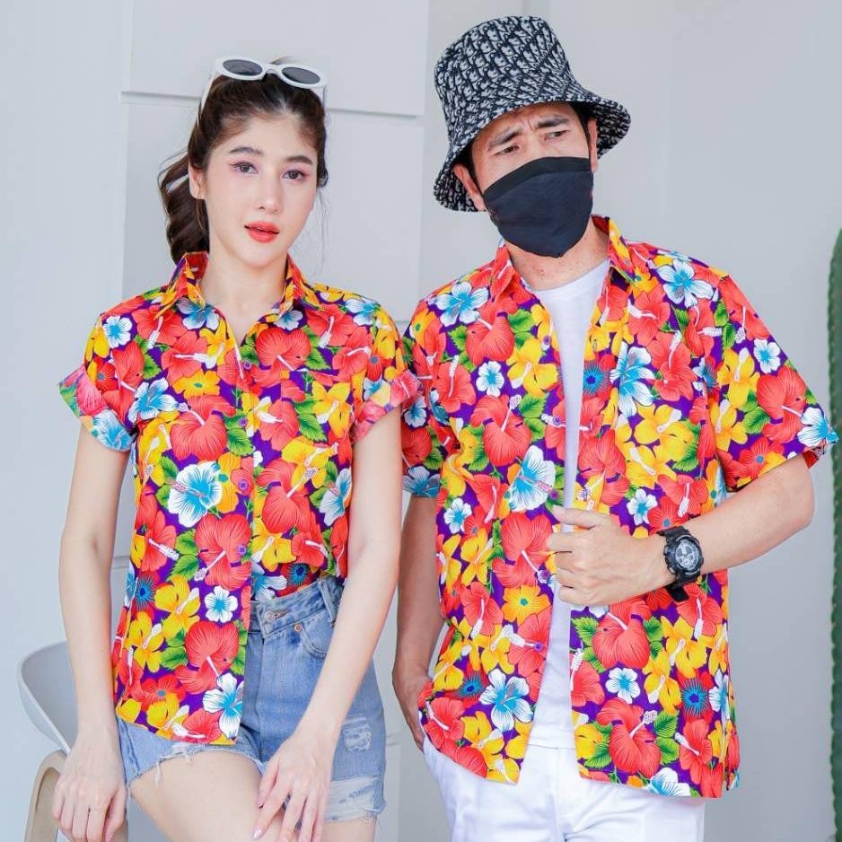 PINK016 เสื้อเชิ้ตลายดอก ผ้าคอตตอน100% สีไม่ตก ผ้าไม่หด ลายคมชัด มีไซส์หญิงชาย S-5XL งานป้ายKTIER*1ตัว*