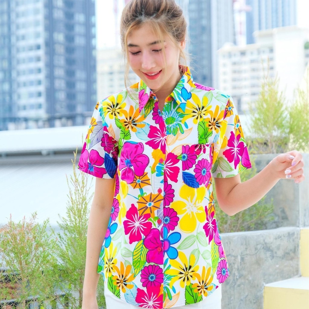 06(ครบทีม)เสื้อสงกรานต์ลายดอก ผ้าคอตตอน100 ครบไซส์ครอบครัว