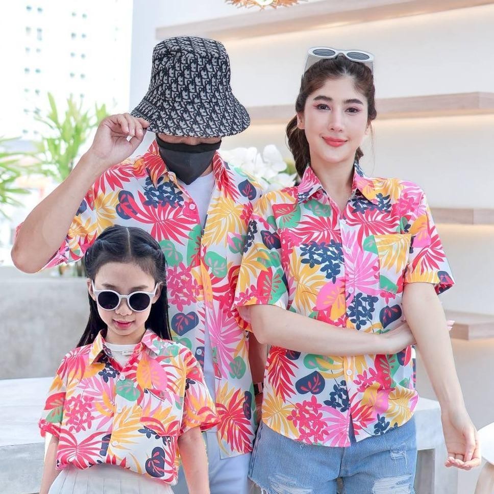 PINK3901# เสื้อฮาวาย ทรงวัยรุ่น หญิงชายใส่ได้ ผ้าโพลีพรีเมี่ยม ไซส์เด็ก-ผู้ใหญ่ งานป้าย ลายคมชัด **1ตัว**