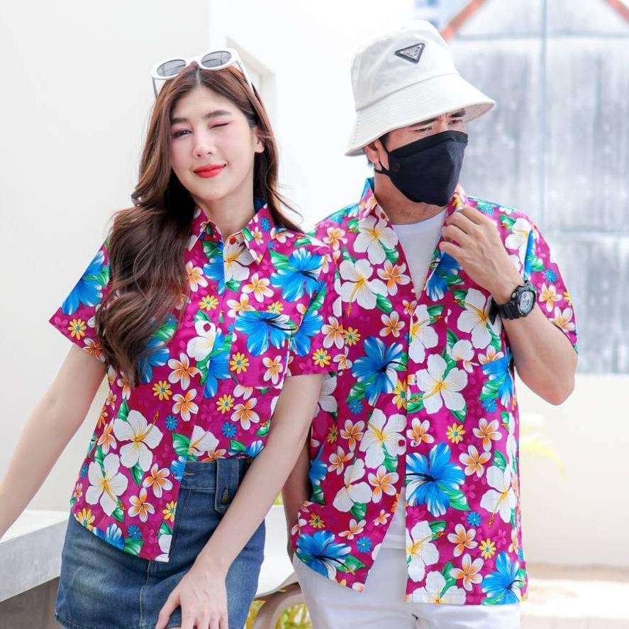 PINK018 เสื้อเชิ้ตลายดอก ผ้าคอตตอน100% สีไม่ตก ผ้าไม่หด ลายคมชัด มีไซส์หญิงชาย S-5XL งานป้ายKTIER*1ตัว*