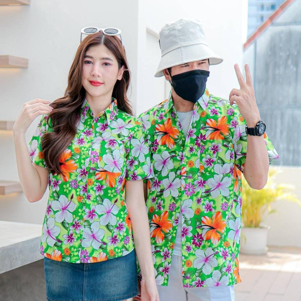 PINK018 เสื้อเชิ้ตลายดอก ผ้าคอตตอน100% สีไม่ตก ผ้าไม่หด ลายคมชัด มีไซส์หญิงชาย S-5XL งานป้ายKTIER*1ตัว*