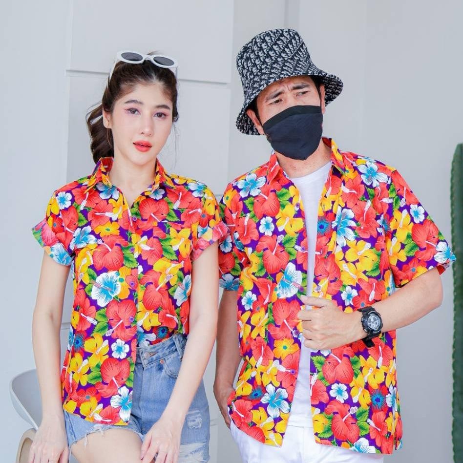 PINK016 เสื้อเชิ้ตลายดอก ผ้าคอตตอน100% สีไม่ตก ผ้าไม่หด ลายคมชัด มีไซส์หญิงชาย S-5XL งานป้ายKTIER*1ตัว*