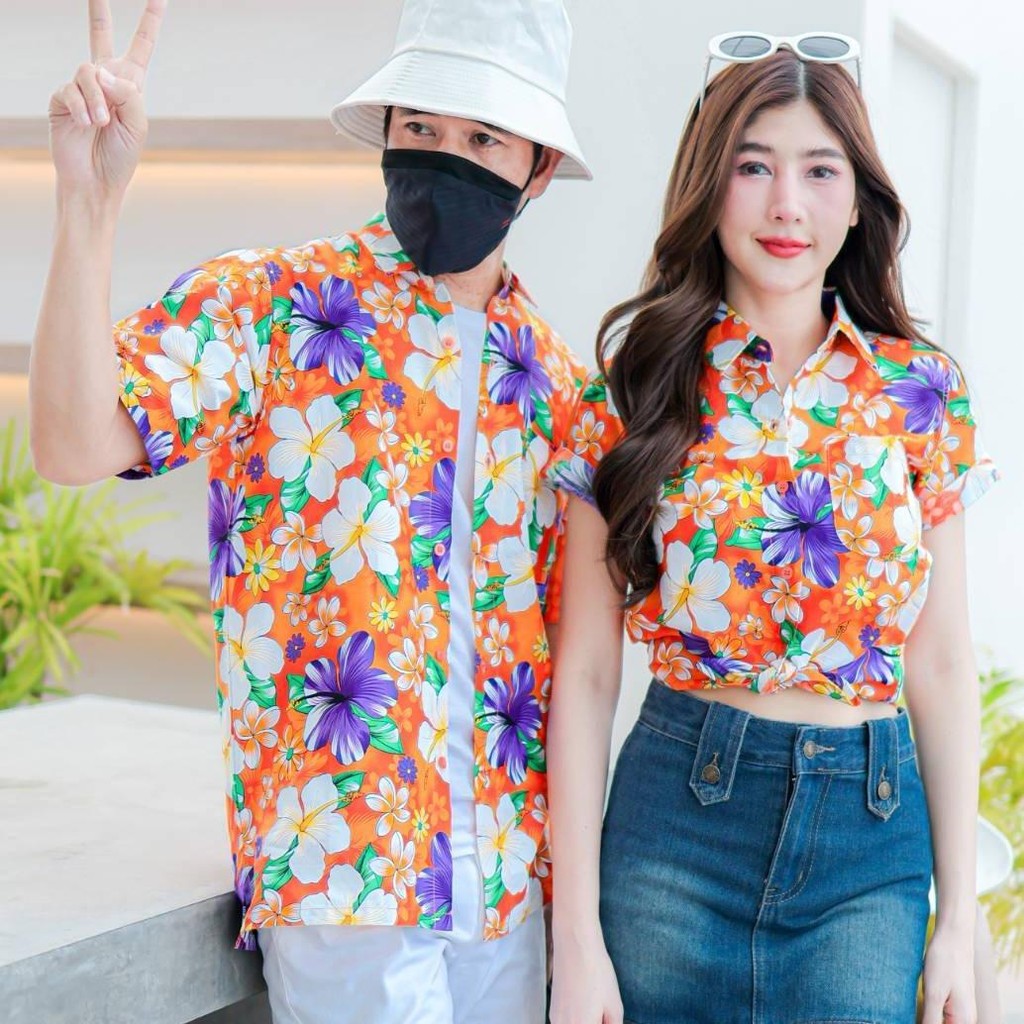 PINK018 เสื้อเชิ้ตลายดอก ผ้าคอตตอน100% สีไม่ตก ผ้าไม่หด ลายคมชัด มีไซส์หญิงชาย S-5XL งานป้ายKTIER*1ตัว*