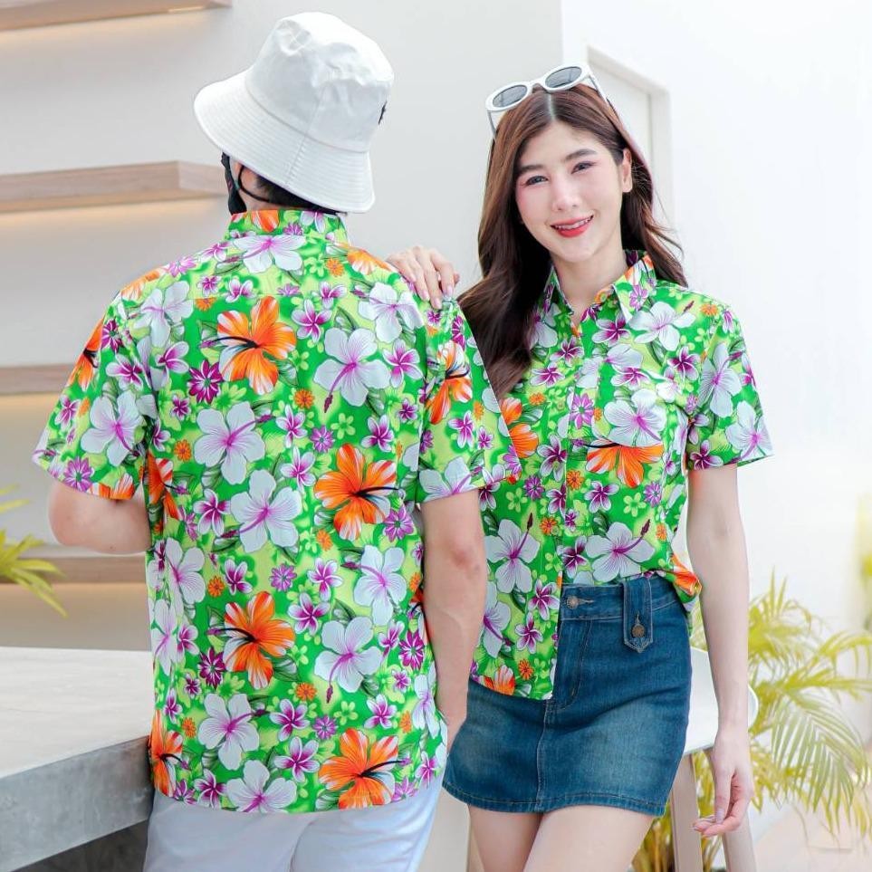 PINK018 เสื้อเชิ้ตลายดอก ผ้าคอตตอน100% สีไม่ตก ผ้าไม่หด ลายคมชัด มีไซส์หญิงชาย S-5XL งานป้ายKTIER*1ตัว*