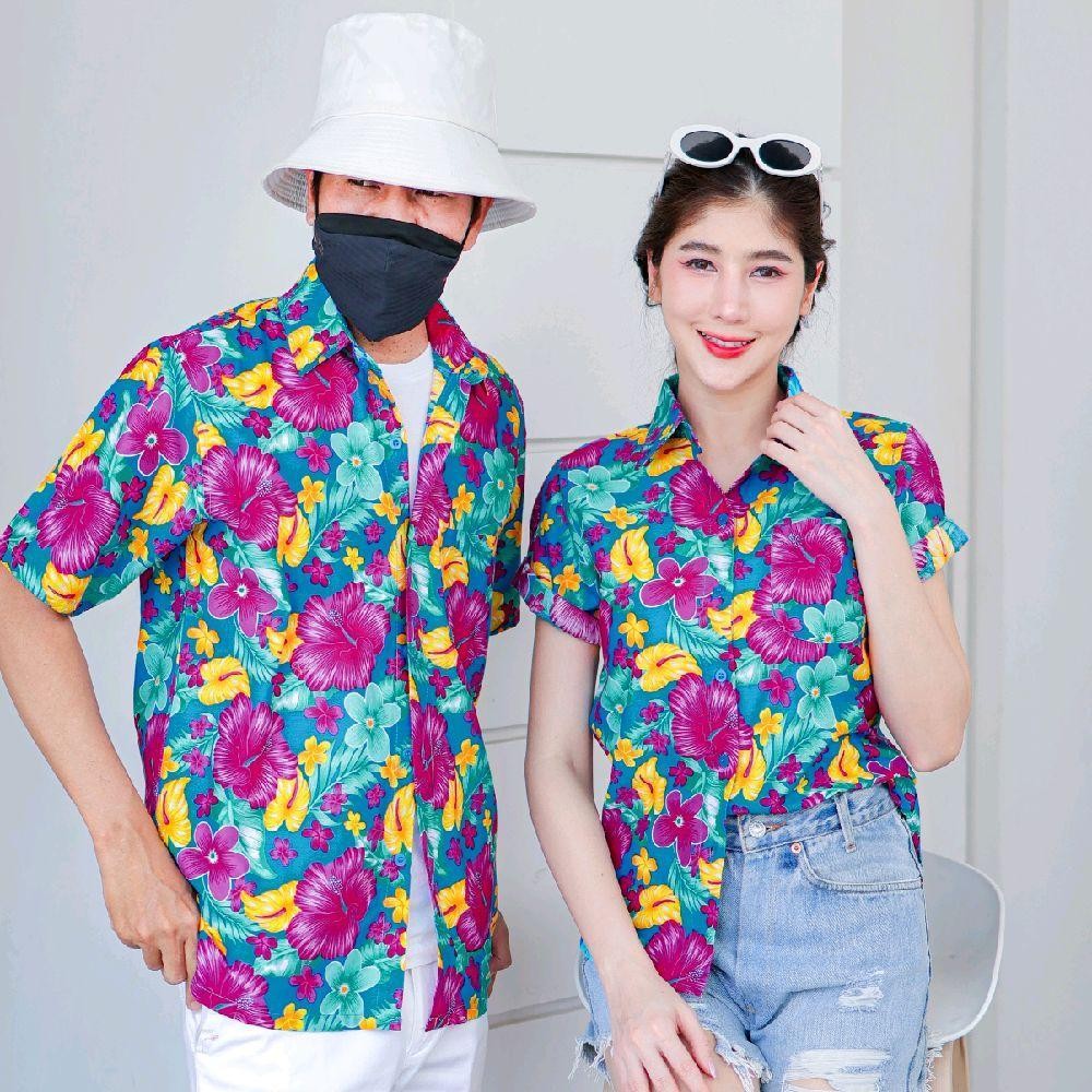 PINK012 เสื้อเชิ้ตลายดอก ผ้าคอตตอน100% สีไม่ตก ผ้าไม่หด ลายคมชัด มีไซส์หญิงชาย 34-56นิ้ว งานป้ายKTIER*1ตัว*