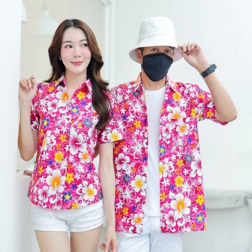 PING020เสื้อเชิ้ตลายดอกผ้าคอตตอน100% สีไม่ตก ผ้าไม่หด ลายคมชัด ไซส์หญิงชาย S-5XL งานป้าย**1ตัว**