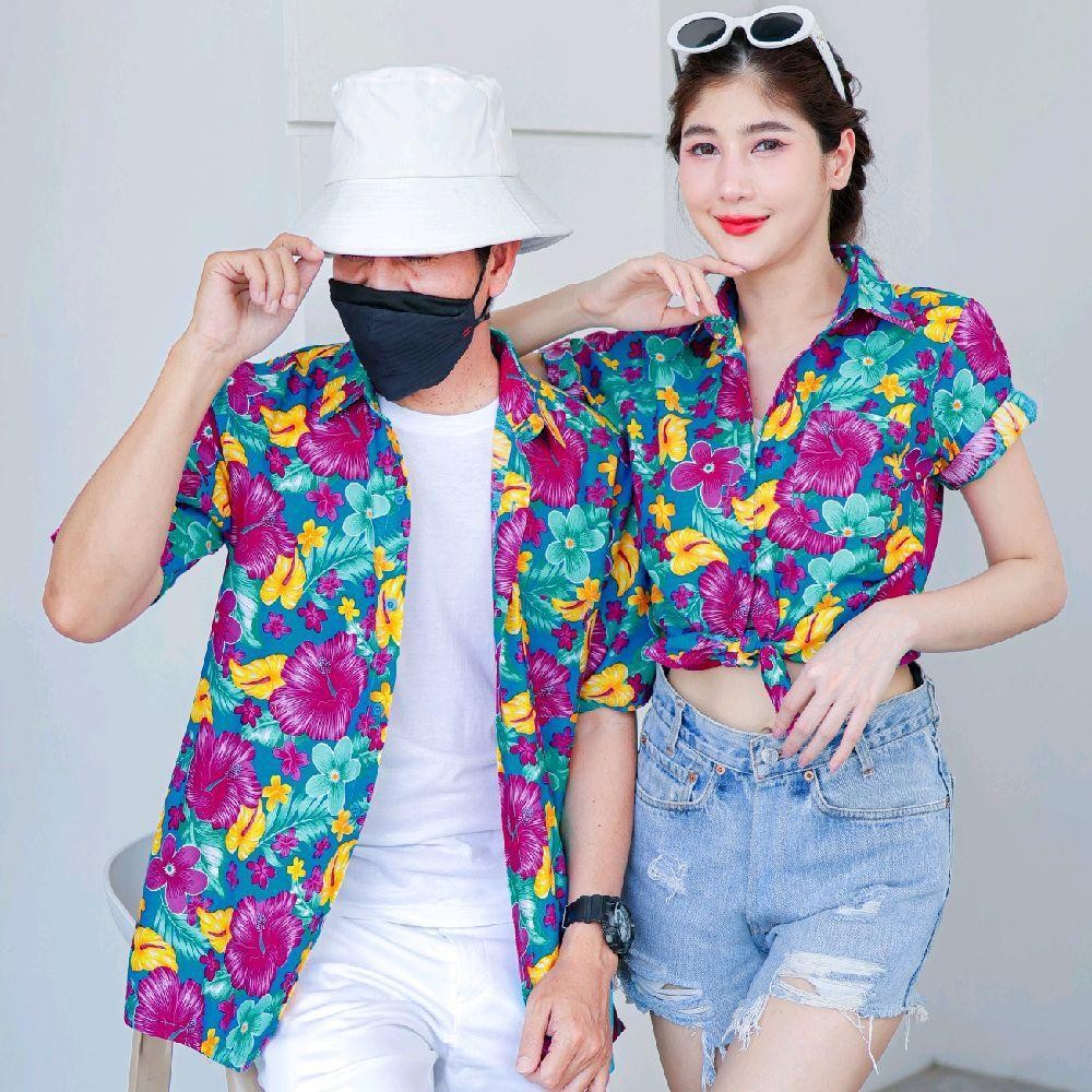 PINK012 เสื้อเชิ้ตลายดอก ผ้าคอตตอน100% สีไม่ตก ผ้าไม่หด ลายคมชัด มีไซส์หญิงชาย 34-56นิ้ว งานป้ายKTIER*1ตัว*